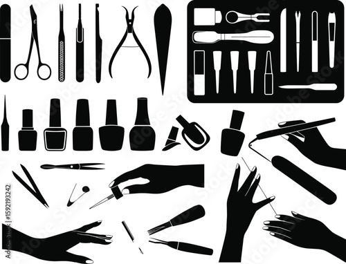 Manicure tools, pedicure accessories, nail care products, grooming kit, hygiene instruments, beauty salon equipment, vector illustration, flat graphic style