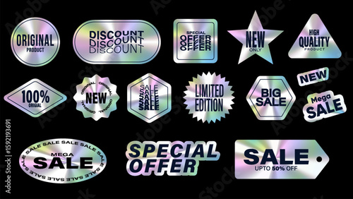 Sticker hologram emblem holographic label set. color neon stickers,Holographic label with tags.Holographic stickers. Hologram labels of different shapes. 