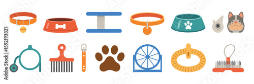 Pet accessory collection featuring collars, bowls, toys, leashes, and grooming tools arranged neatly for pet care and pet lover design projects