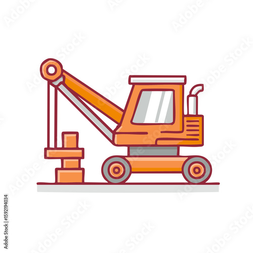 Orange construction crane lifting concrete blocks flat vector illustration