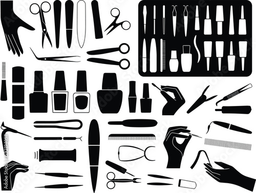 Manicure tools, pedicure kit, nail care items, beauty salon accessories, grooming essentials, hygiene instruments, cosmetic vector, flat illustration