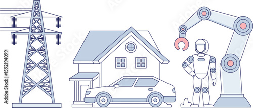 Modern smart home with electric car, humanoid robot, robotic arm, power tower, automation, energy technology, innovation, and future living concept.
