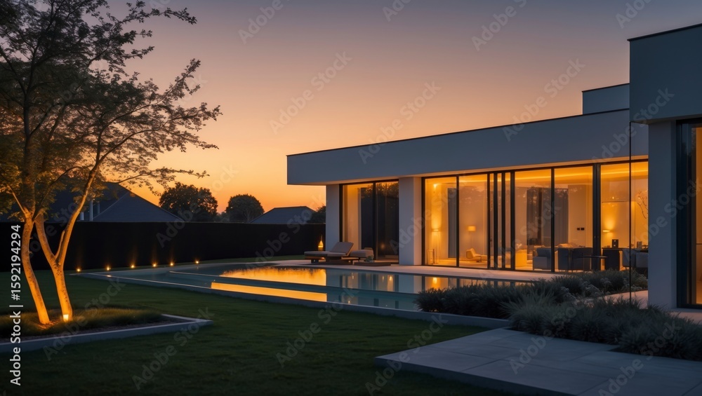 Obraz premium Contemporary home with a swimming pool reflects the beautiful sunset in its glass doors creating a peaceful and luxurious atmosphere outdoors.