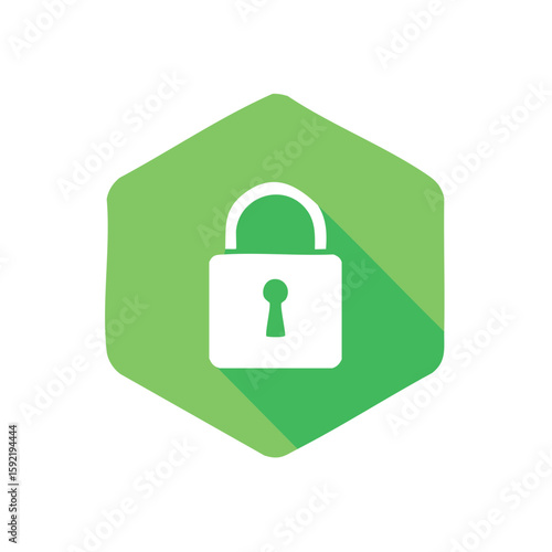White Padlock Symbol on Green Hexagon Shape Protection Illustration