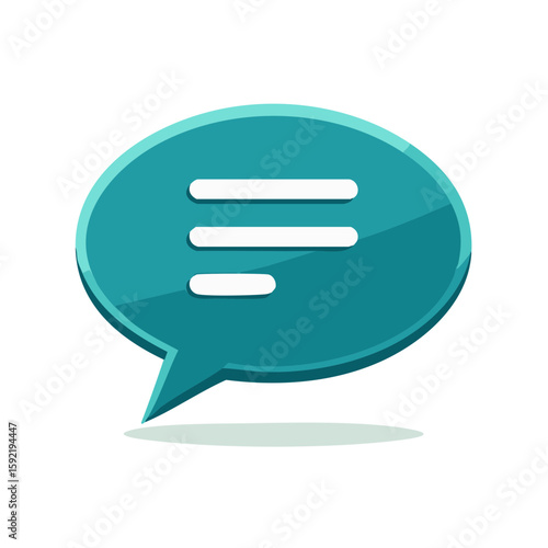 Teal speech bubble with message lines depicting online conversation or textual communication in cartoon style over bright background