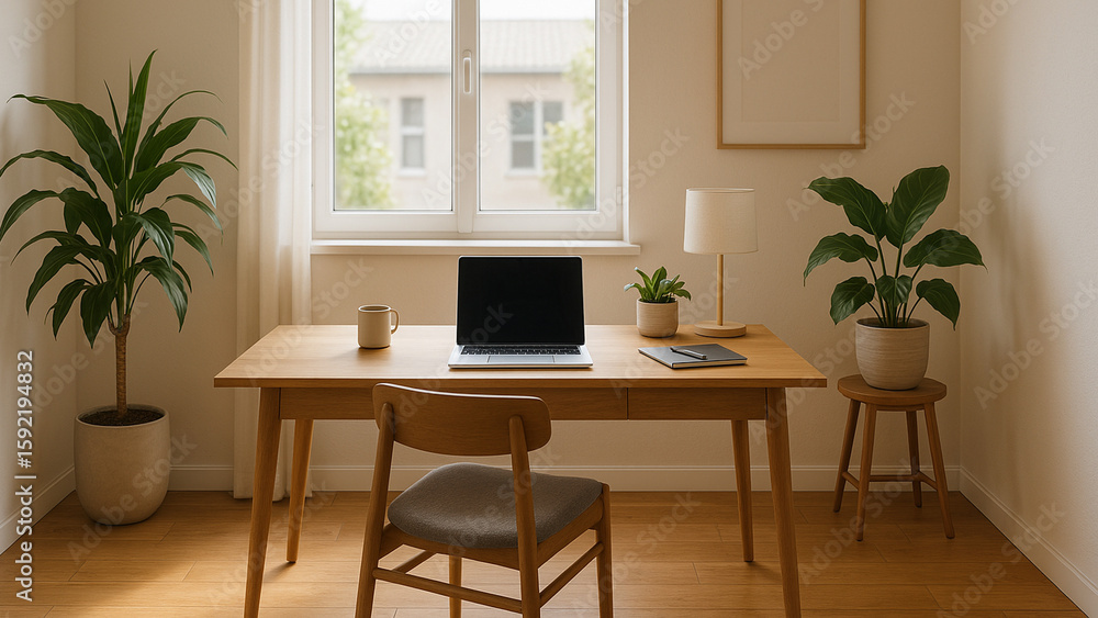 Fototapeta premium Bright, modern workspace setup with coffee cup, plant, and laptop near window.