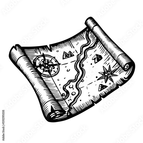 Old map in scroll illustration features compass and geographical landmarks in vintage engraving style. Old map in scroll contains aged paper and rolled edges with a navigational theme.