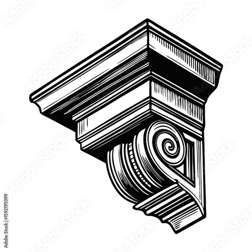 Architectural detail fragment with corbel and scroll in vintage engraving style. Architectural detail fragment highlights detailed elements in architecture and structural support.