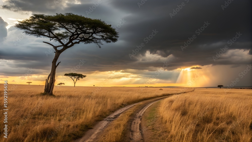 Obraz premium Dramatic Sunset Over African Savanna with Acacia Tree and Storm Clouds