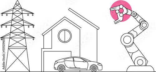 Smart home with electric car, robotic arm, power line tower, automation technology, futuristic innovation, clean energy, intelligent industry vector illustration.