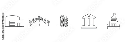 City development infrastructure and government building icon outline pack for urban planning architecture symbol municipal structure illustration concept.