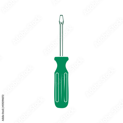 Green flathead screwdriver icon, tool for repair, construction, fixing, and DIY projects, simple flat design on white