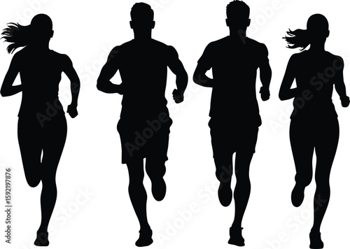 Group running front view silhouette vector isolated on transparent background