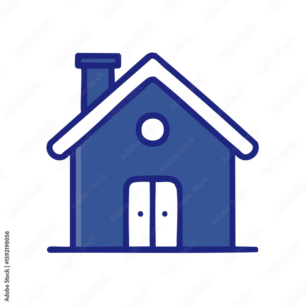 Simple home icon with blue outline, chimney, door, and window Simple home icon with blue outline, chimney, door, and window