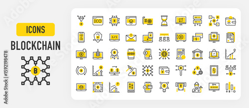 Blockchain icons. Prediction, Code, Secure, Exchange, Anonymous, Conversion, Analysis, Access, Distributed, Ico, Revenue, Consensus, Cryptocurrency vector stroke illustration.