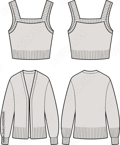 Fashion flat sketch of women’s knit tank top and cardigan set with ribbed hem and cuffs, front and back view design