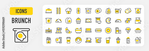 Brunch icons. Boiled Egg, Sandwich, Iced Coffee, Cereals, Avocado, Cheese, Coffee Cup, Cookies, Crepe, Croissant, Cupcake, Donut, French Fries, Hot Dog, Jam stroke vector illustration.	
