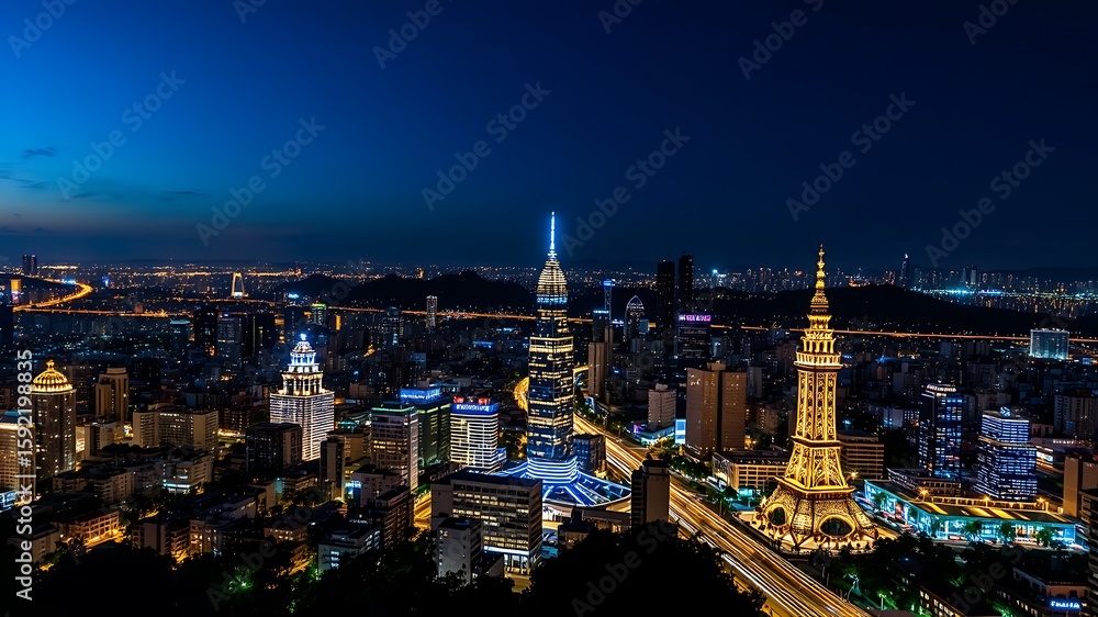 Fototapeta premium Photo of a dazzling city skyline illuminated at night with glowing skyscrapers and busy streets