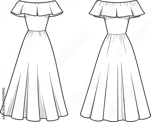 Fashion flat sketch of off-shoulder flared maxi dress with ruffle neckline, front and back view, elegant dress design illustration