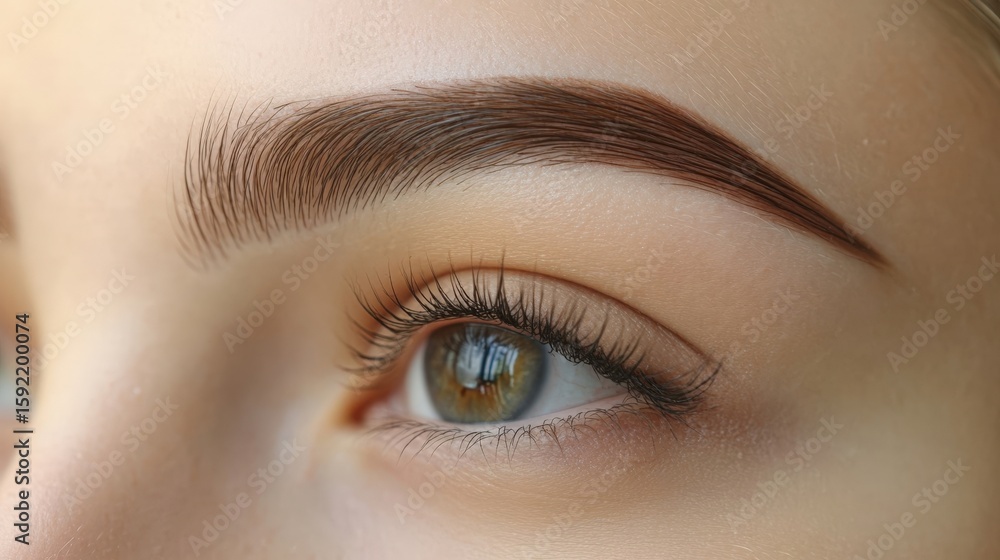 Obraz premium Close-up of a woman's eyes with well-defined eyebrows, full lashes, and smooth skin, highlighting meticulous grooming. Concept of beauty, eyebrow shaping kit, grooming and natural brow look.