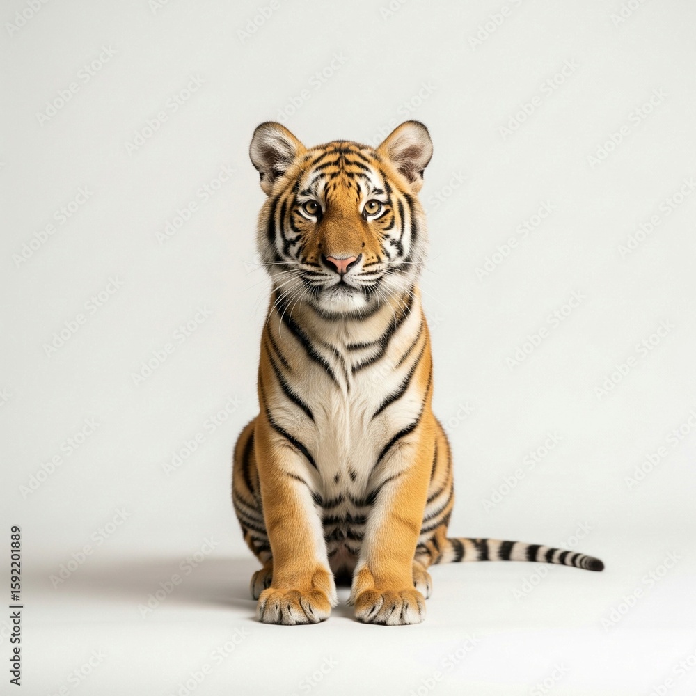 Obraz premium Portrait of a Young Bengal Tiger Sitting Against White Background