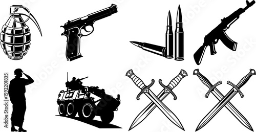 Military and Weaponry Silhouette Set. Set of various weapons silhouettes vector