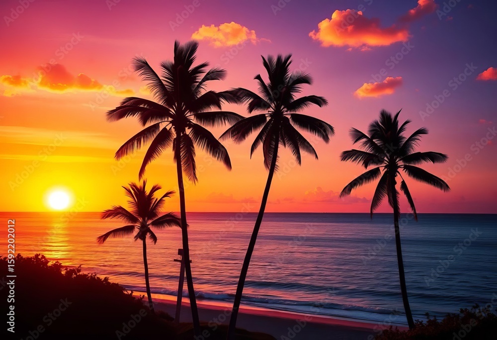 Silhouetted palm trees against a vibrant retro-styled sunset over a tranquil beach, color, summer Silhouetted palm trees against a vibrant retro-styled sunset over a tranquil beach, color, summer
