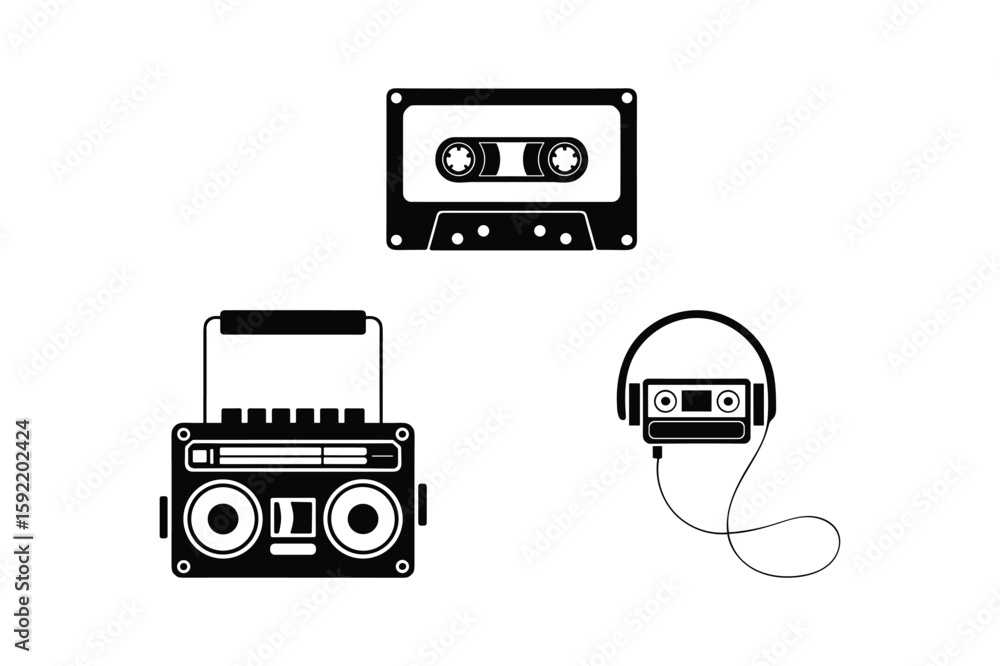 Obraz premium Vintage audio equipment cassette tape boombox and headphones music
