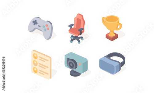 Isometric gaming elements: gamepad, chair, trophy, checklist, camera, vr headset design