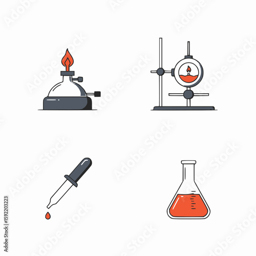 A vector illustration featuring essential laboratory equipment: a Bunsen burner, a retort stand with a flask, a dropper, and an Erlenmeyer flask with liquid