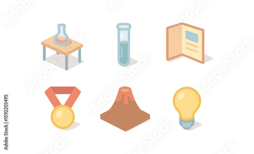 Isometric icons of science and innovation: test tubes, light bulb, volcano