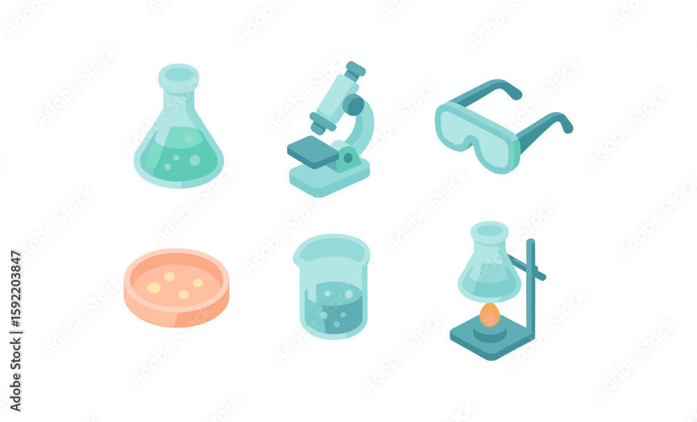 Fototapeta premium Isometric lab equipment icons: microscope, beaker, goggles, petri dish, flask set
