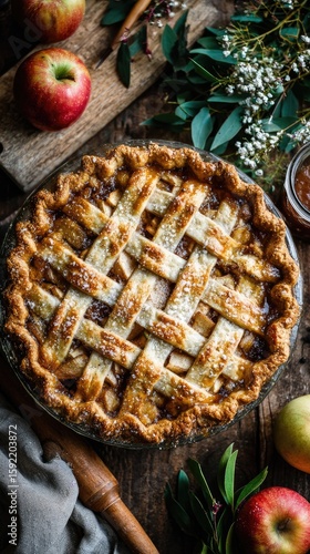 A rustic wooden table with an apple pie in the center, surrounded by apples and a rolling pin