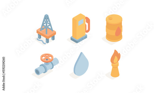 Isometric energy icons: oil rig, gas pump, barrel, pipeline, water drop, torch