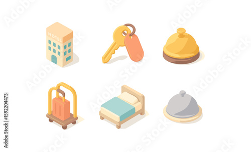 Isometric hotel icons: key, bell, luggage, bed, concierge services