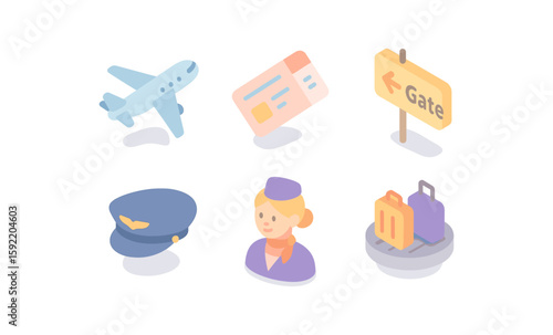 Isometric travel elements: airplane, boarding pass, and luggage in soft pastel colors