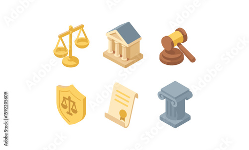 Legal and justice symbols in isometric style for modern design projects