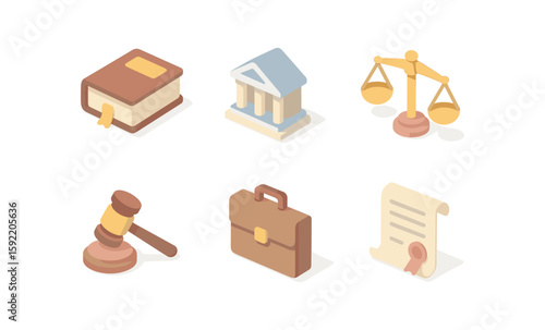 Isometric legal icons: book, courthouse, scales, gavel, briefcase, certificate