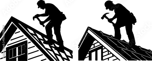Roofer Working on House Silhouette. Roofer working on Roof, Roof construction worker repair home, build structure fixing rooftop, Property Maintenance