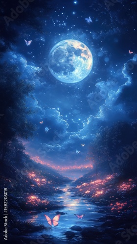 A vertical enchanting fantasy night scene with a bright, luminous blue moon, surrounded by glowing clouds and pink butterflies, over a sparkling stream and vibrant flowers under a starlit sky.