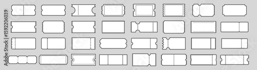 Blank ticket outline set. Collection of empty ticket shapes with perforated edges in minimal linear style for event, cinema or lottery designs