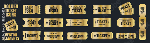 Golden ticket collection. Premium event coupon template on dark background.