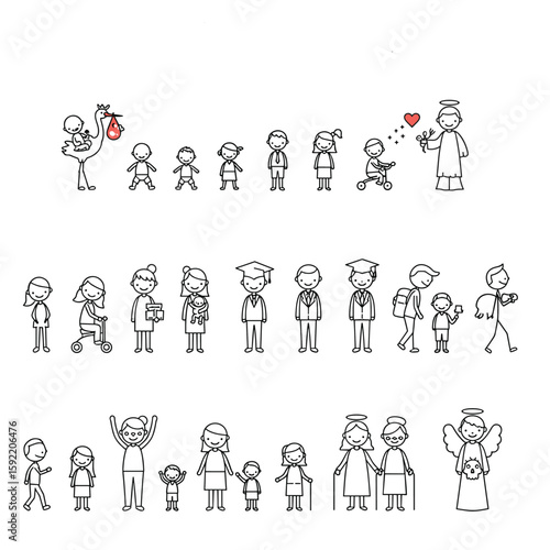 A vector contour image of a series transformations a man from birth to the end of his life on a white background