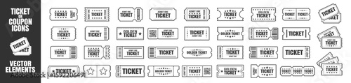 Ticket icon set. Admit one coupon collection for cinema, concert, movie, theater, event, or festival. Vintage and modern ticket vector templates on a transparent background.