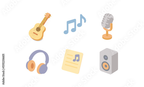 Wallpaper Mural Isometric music icons: guitar, notes, microphone, headphones, sheet, speaker Torontodigital.ca