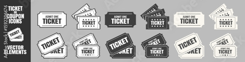 Admit one ticket icon set. Vintage and modern event ticket designs with stars and borders. Entry coupon template for cinema, party, or concert