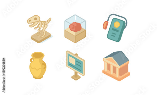 Isometric museum set with dinosaur fossil, artifacts, and architecture icons