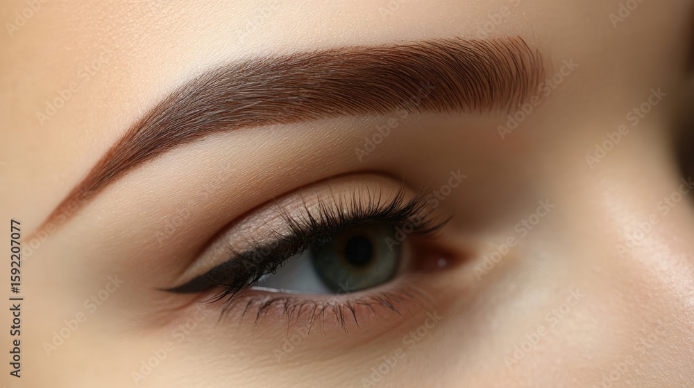 Fototapeta premium Close-up of a woman's eyes with well-defined eyebrows, full lashes, and smooth skin, highlighting meticulous grooming. Concept of beauty, eyebrow shaping kit, grooming and natural brow look.