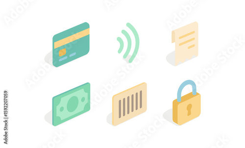 Isometric icons of finance and security: credit card, contactless payment, receipt, cash, barcode, lock