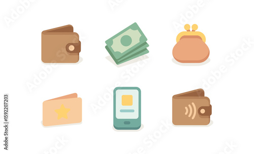 Flat style financial icons set: wallet, cash, coin purse, card, smartphone, contactless payment